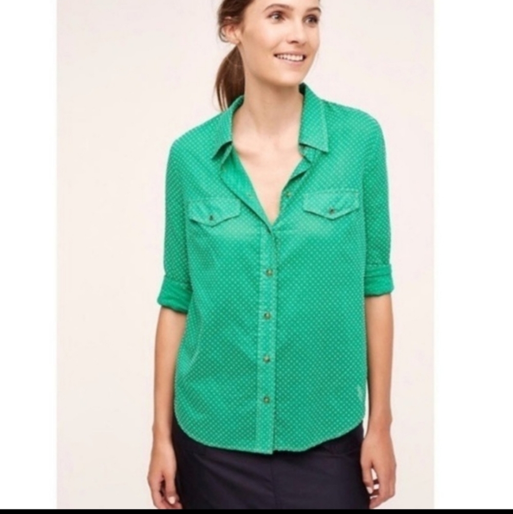 Anthro Maeve Green and White Polka Dot Button-down Shirt Blouse Size 0